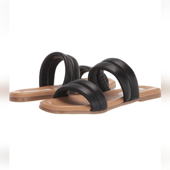 New Steve Madden Womens Wizen Black Leather Straps Sandal brown sole Slip On 8 - Picture 3 of 8